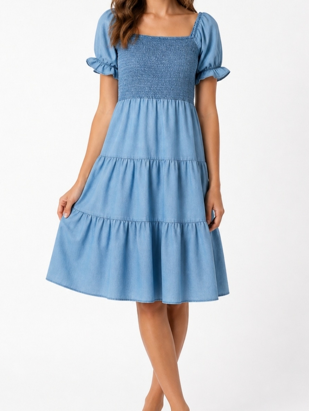 Light Blue Smocked Chambray Puff Sleeve Tiered Dress